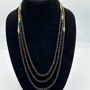 Vintage Garnet Glass on Turquoise colored Silk Necklace w gold tone fabric